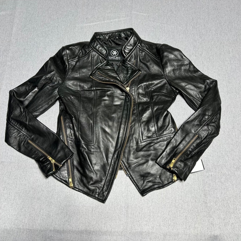 Whet Blu Women Moto Jacket Small Black Genuine Leather Grunge Biker Asymmetrical